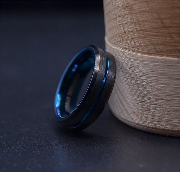 6mm Dark Tungsten Wedding Band with Striking Blue Accents
