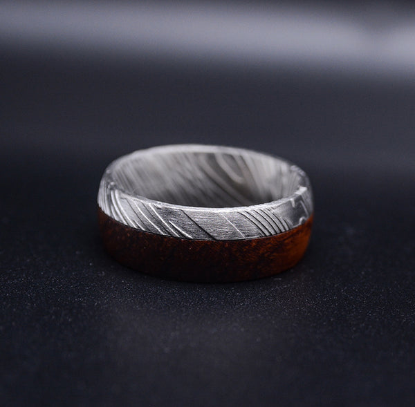 Contemporary 8mm Men's Wedding Ring: Damascus Steel & Bubinga Wood