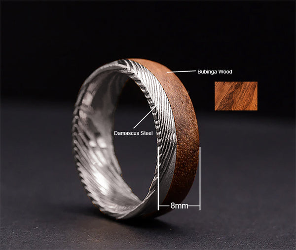 Contemporary 8mm Men's Wedding Ring: Damascus Steel & Bubinga Wood