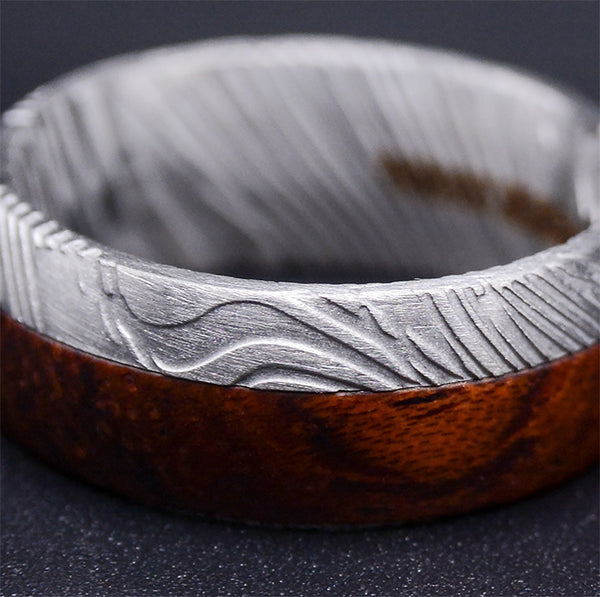 Contemporary 8mm Men's Wedding Ring: Damascus Steel & Bubinga Wood