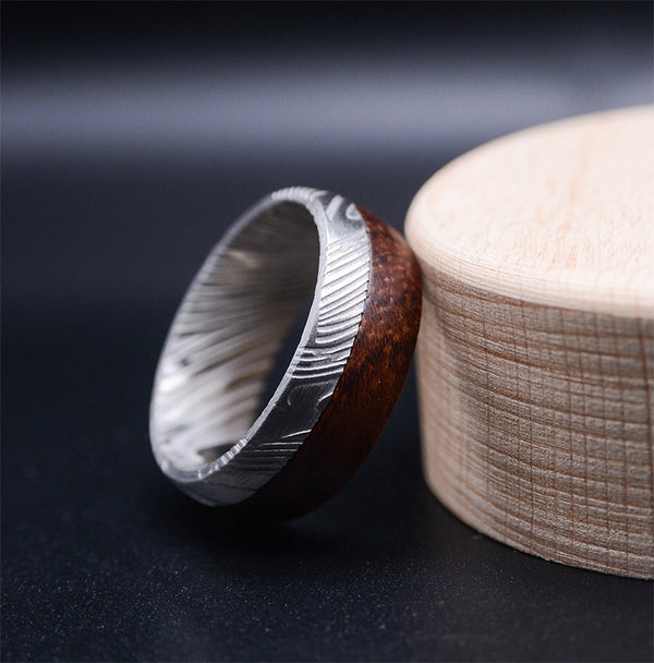 Contemporary 8mm Men's Wedding Ring: Damascus Steel & Bubinga Wood