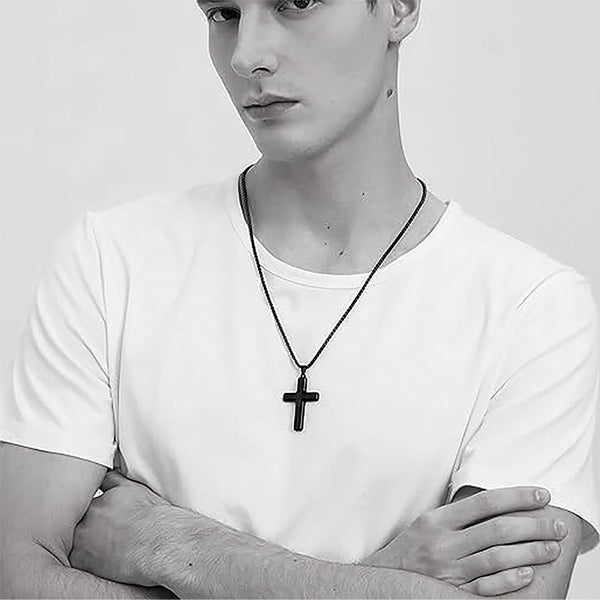 Black Stainless Steel Men's Cross Necklace with Ebony Wood Pendant