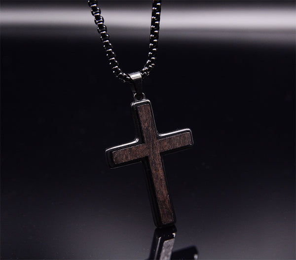 Black Stainless Steel Men's Cross Necklace with Ebony Wood Pendant