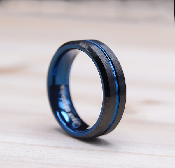 6mm Dark Tungsten Wedding Band with Striking Blue Accents