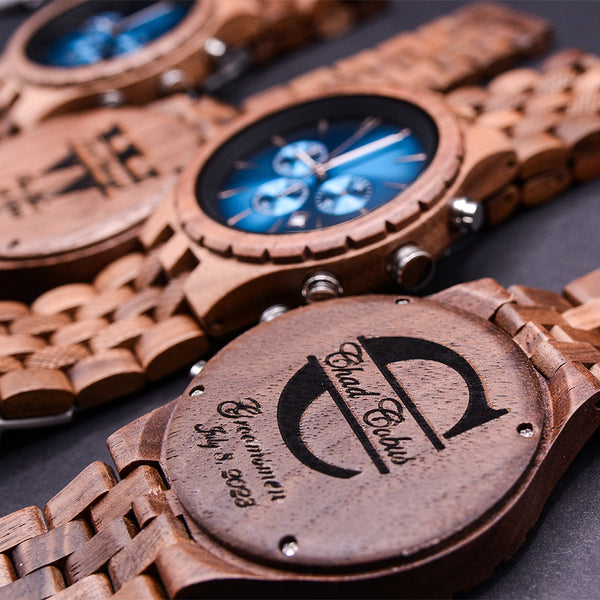 Classic Engraved Mens Dark Wood Watch With Blue Face