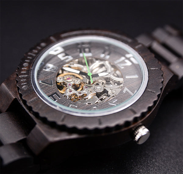 UXD Premium Eco-Friendly Automatic Mechanical Dark Round Wooden Watch For Men