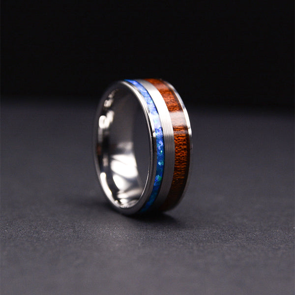 Sleek and Stylish: Men's Tungsten Carbide Wood Wedding Ring with Blue Opal Inlay