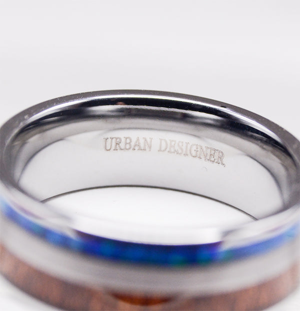 Sleek and Stylish: Men's Tungsten Carbide Wood Wedding Ring with Blue Opal Inlay