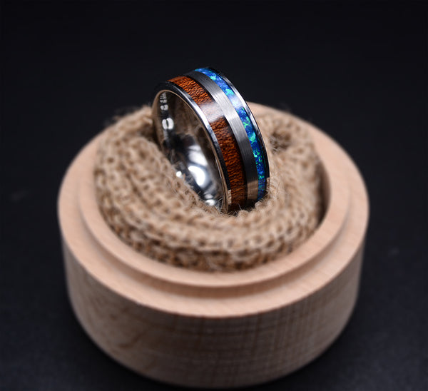 Sleek and Stylish: Men's Tungsten Carbide Wood Wedding Ring with Blue Opal Inlay