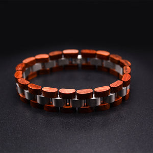Stylish Mens Wooden Bracelet: Cherry Wood & Stainless Steel Combined Bangle