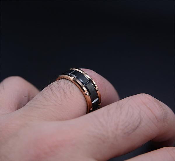 Masculine Charm: Men's Dark Tungsten Wedding Band with Rose Gold Edge