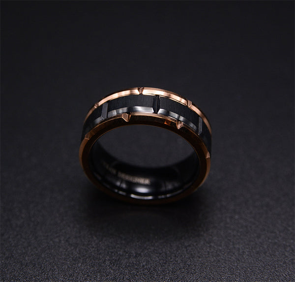 Masculine Charm: Men's Dark Tungsten Wedding Band with Rose Gold Edge