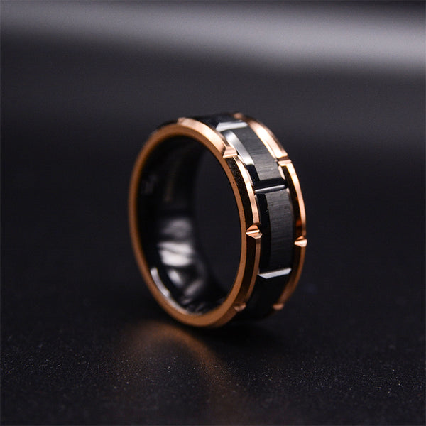 Masculine Charm: Men's Dark Tungsten Wedding Band with Rose Gold Edge