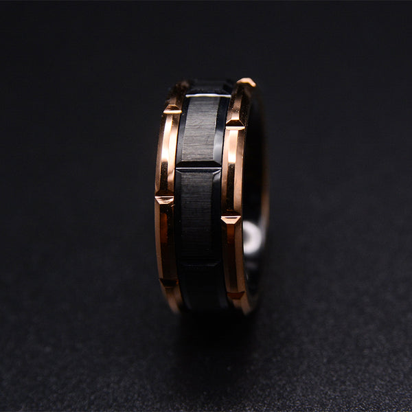 Masculine Charm: Men's Dark Tungsten Wedding Band with Rose Gold Edge