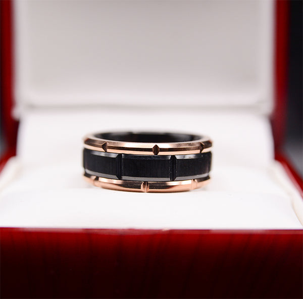 Masculine Charm: Men's Dark Tungsten Wedding Band with Rose Gold Edge