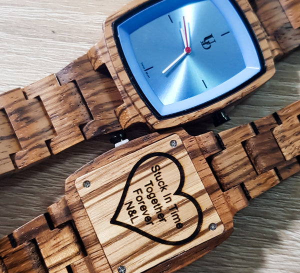 Classic Engraved Mens Zebra Square Wood Watch With Sapphire Face/Swiss Watch