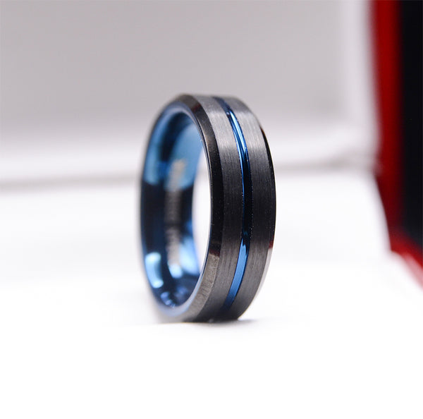 6mm Dark Tungsten Wedding Band with Striking Blue Accents