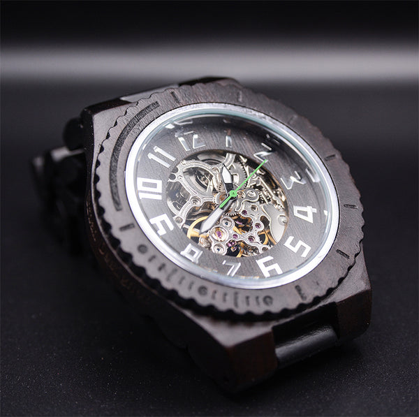 UXD Premium Eco-Friendly Automatic Mechanical Dark Round Wooden Watch For Men
