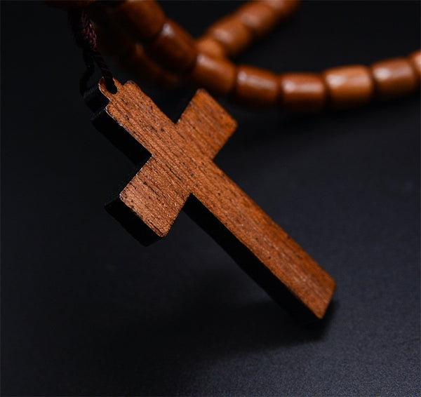 Handmade Wooden Beads Catholic Rosary Necklace with Cross