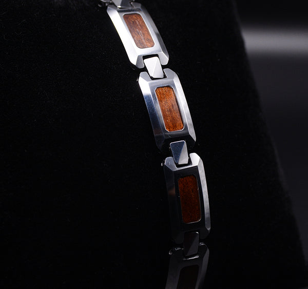 Men's Wood Inlay Polished Tungsten Carbide Link Bracelet Magnetic Silver Tone Wristband
