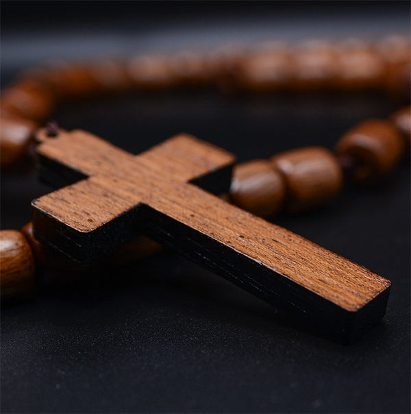 Handmade Wooden Beads Catholic Rosary Necklace with Cross