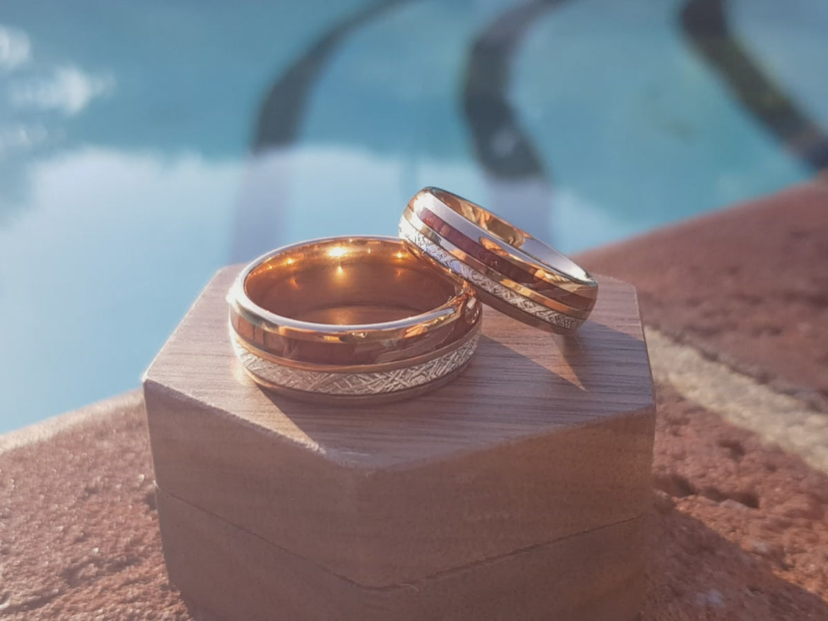 Gorgeous Polished Rose Gold Tungsten Low Dome Ring with Blue Real Fishing Line Between Whiskey Barrel Oak Wood and Deer Antler Inlays.