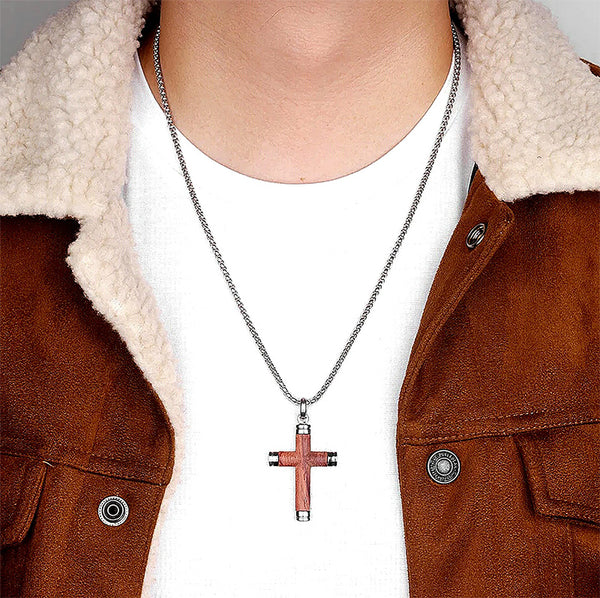 Stylish Symbol of Faith Rosewood Cross Necklace For Men