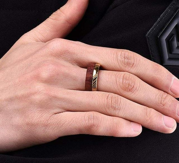 Avo 8mm Wedding Band Damascus Steel & Bubinga Wood Inlay Design