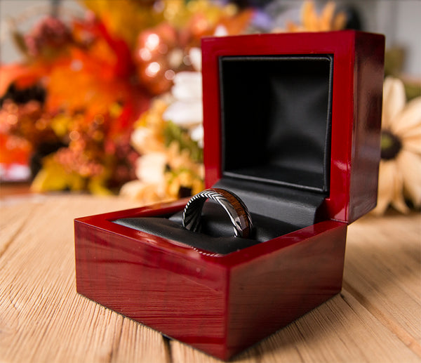 8mm Mens Wedding Band with Koa Wood Inlay and Damascus Steel Pattern Ring