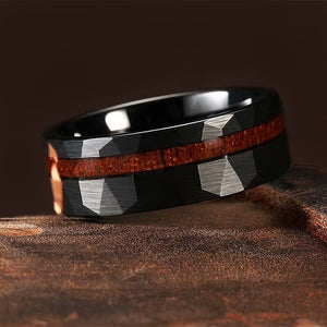 Wedding Rings for Men: Dark Tungsten Wedding Band With Koa Wood Inlay and Hammered Texture, Mens Wedding Rings, Wooden Rings, Hammered Rings