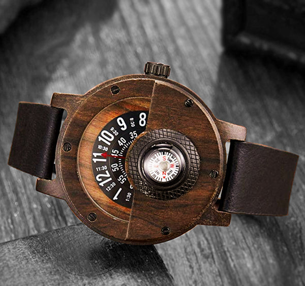 UXD Handmade Compass Wooden Watch For Men With Leather Strap