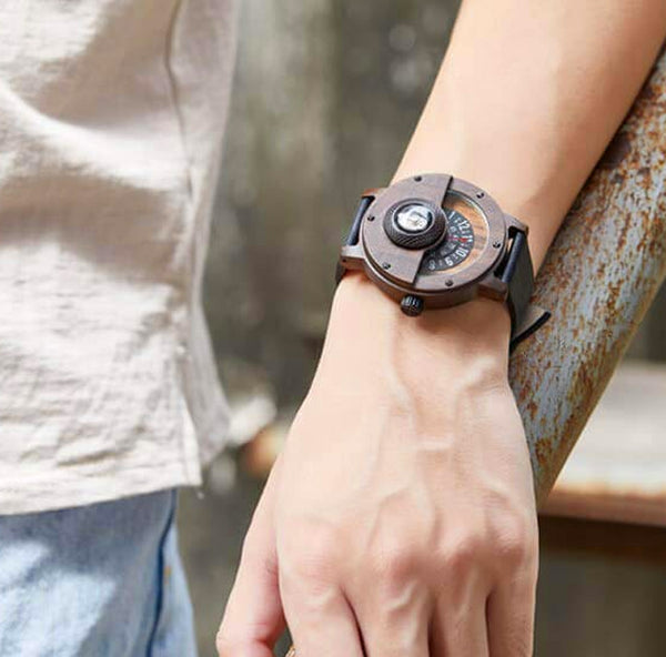 UXD Handmade Compass Wooden Watch For Men With Leather Strap