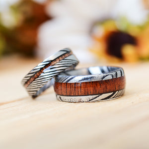 Match His and Hers Damascus Steel Pattern Wedding Band Set with Koa Wood Inlay | Urban Designer