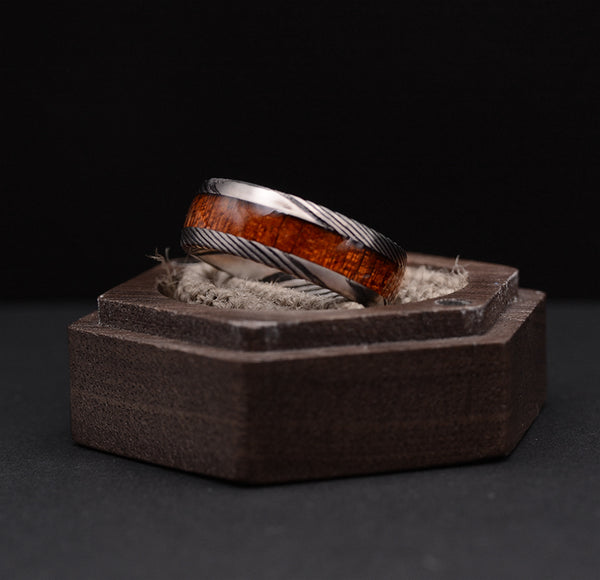 8mm Mens Wedding Band with Koa Wood Inlay and Damascus Steel Pattern Ring
