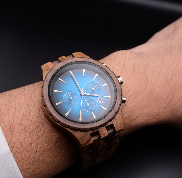 Classic Engraved Mens Dark Wood Watch With Blue Face