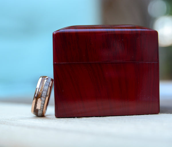 Men's Tungsten Ring With Antler And Koa Wood Inlay Sleek Feathered Arrow