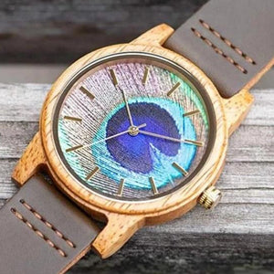 UD Handmade Unisex Peacock Feather Pattern Casual Leather Wooden Watch