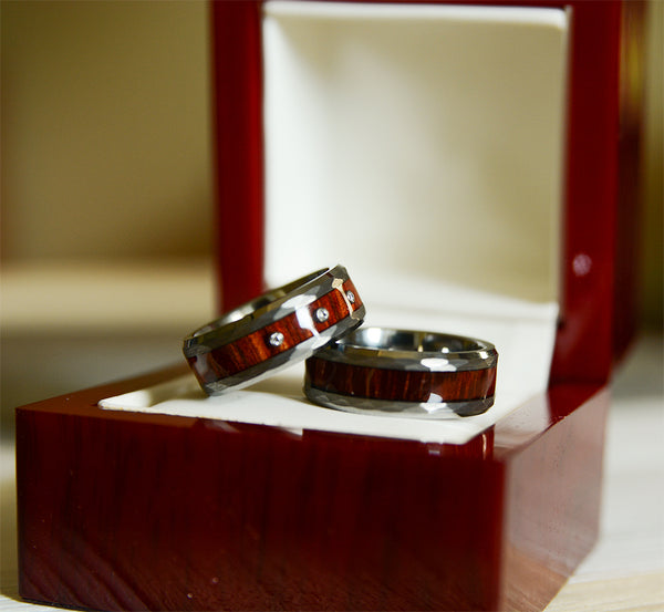 Match His and Hers Diamond Tungsten Rings with Wood Inlay and Hammered Texture
