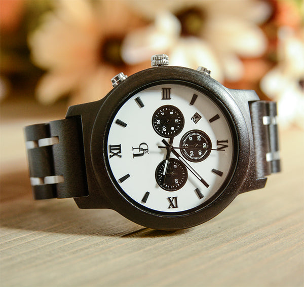 Men's Chronograph Wood Watch With Wood & Stainless Steel Combined Watch Band