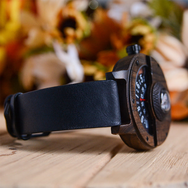 UXD Handmade Compass Wooden Watch For Men With Leather Strap