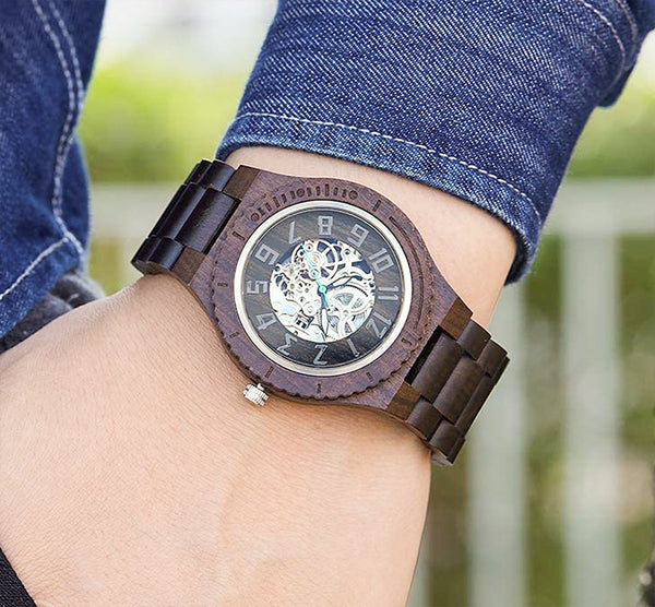 UXD Premium Eco-Friendly Automatic Mechanical Dark Round Wooden Watch For Men