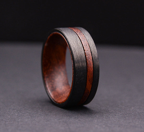 Wooden Rings For Men Black Tungsten Carbide Wedding Band With Rosewood Inlaid | Urban Designer