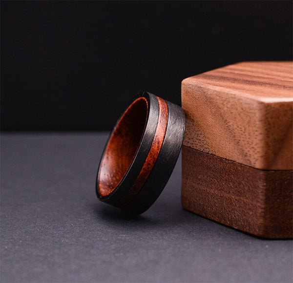 Wooden Rings For Men Black Tungsten Carbide Wedding Band With Rosewood Inlaid | Urban Designer