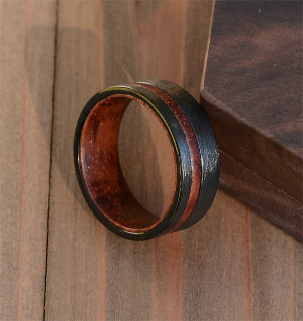 Wooden Rings For Men Black Tungsten Carbide Wedding Band With Rosewood Inlaid | Urban Designer