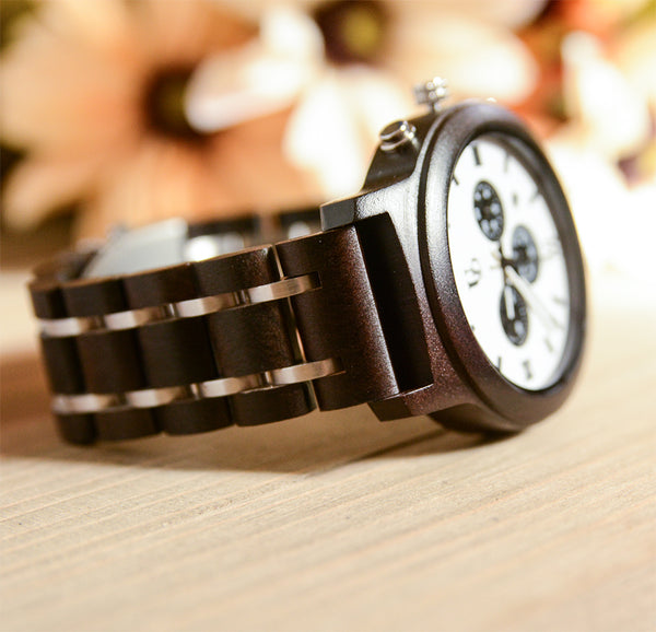 Men's Chronograph Wood Watch With Wood & Stainless Steel Combined Watch Band