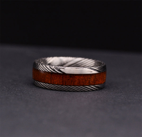 8mm Mens Wedding Band with Koa Wood Inlay and Damascus Steel Pattern Ring