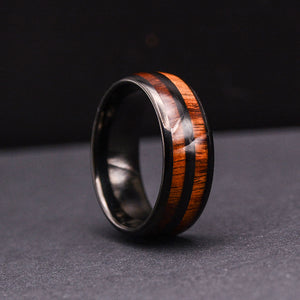 Mens Wood Wedding Band: 8mm Double Koa Wood Inlay Tungsten Wood Ring | Urban Designer