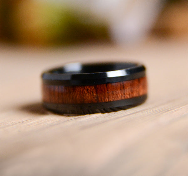 8mm Mens Tungsten Wedding Bands with Koa Wood Inlay Black Tungsten Wood Ring