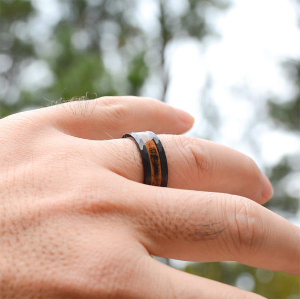 Classic Dark Tungsten Rings with Wood Inlay and Hammered Texture