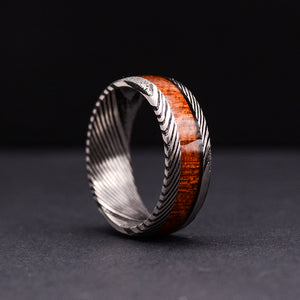 8mm Mens Wedding Band with Koa Wood Inlay and Damascus Steel Pattern Ring | Urban Designer